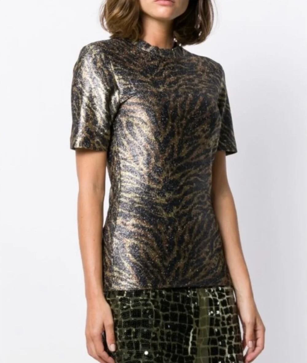 Ganni Lurex T-Shirt Tiger Print Metallic Size 42 / Large NWT